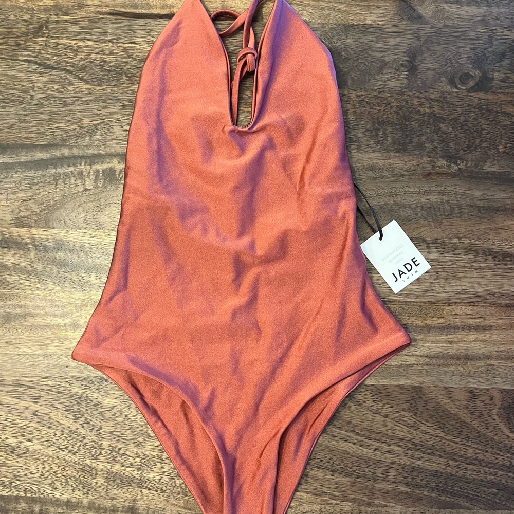 Jade Rose Sheen One Piece Swimsuit Halter V-Neck